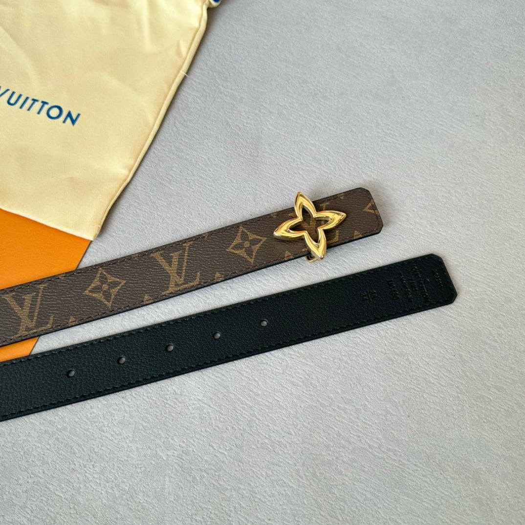 LOUIS VUITTON LV  MINI FLOWERGRAM 30MM REVERSIBLE BELT IN BLACK CALFSKIN GOLD HARDWARE