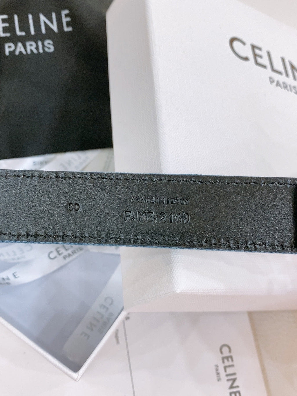 CELINE 25S BELT TRIOMPHE TAURILLON 25MM IN BLACK CALFSKIN AND DENIM 558342