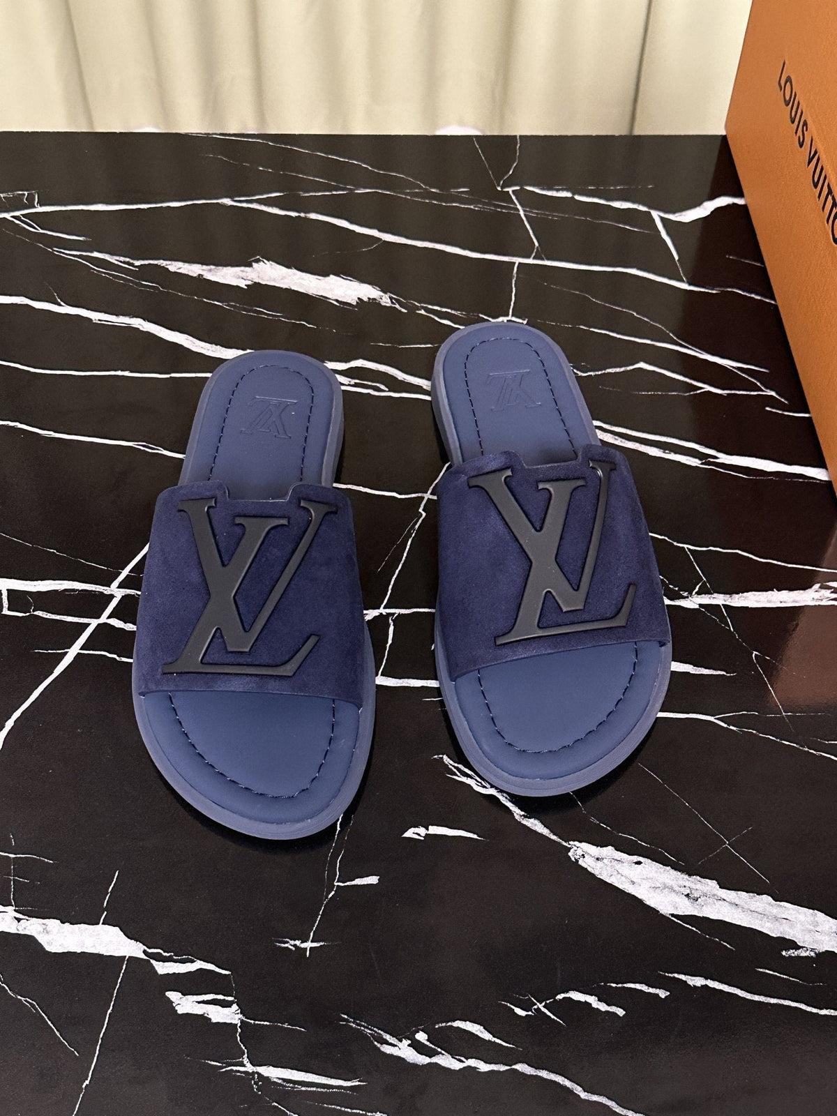 Louis Vuitton Men's Navy Blue Logo Slide Sandals