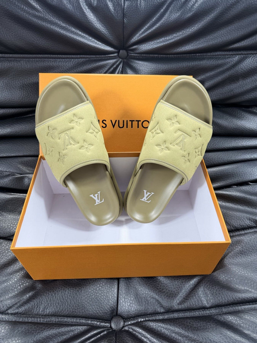 Louis Vuitton Embossed Slide Sandals - Pale Olive Green