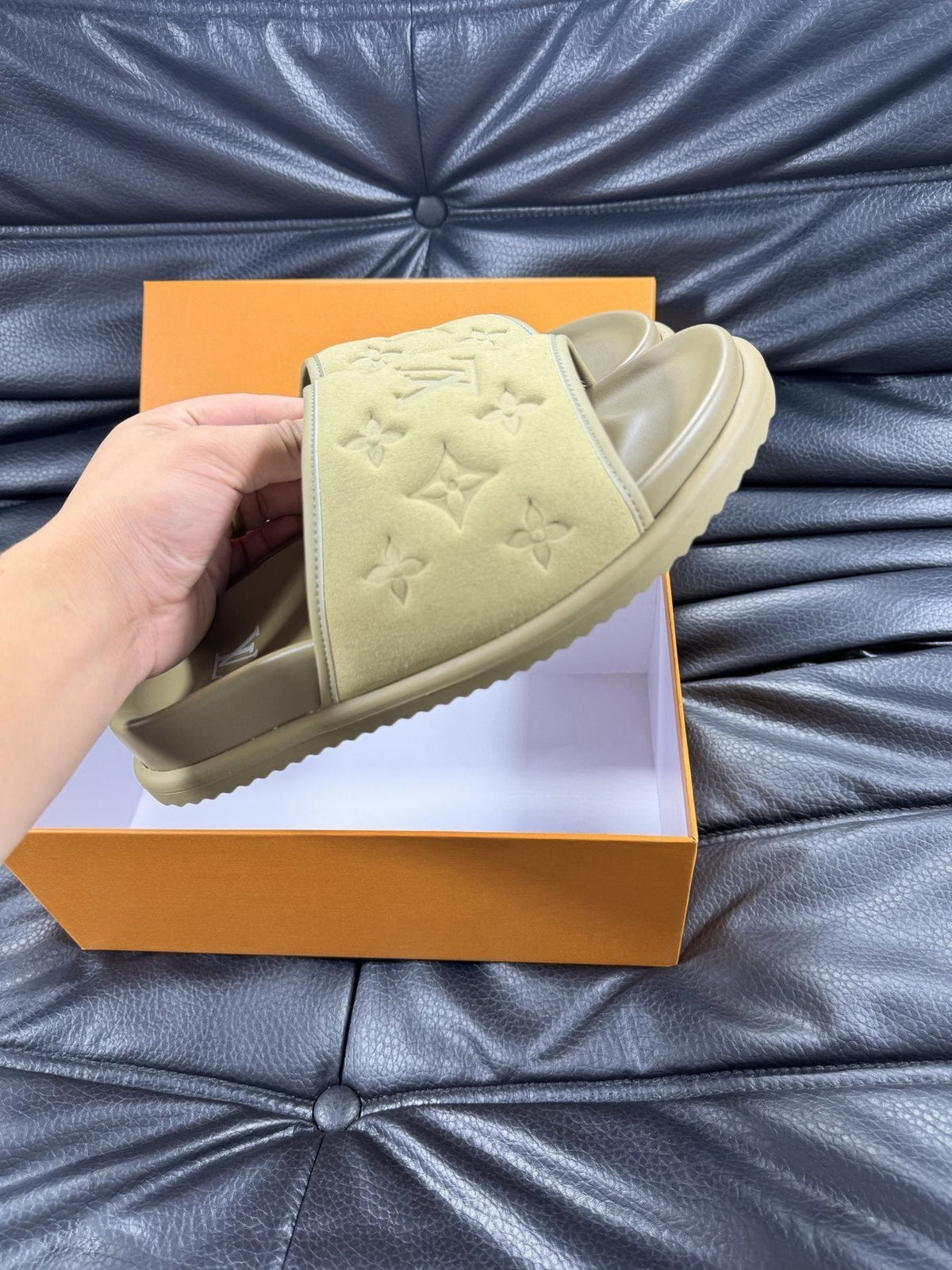 Louis Vuitton Embossed Slide Sandals - Pale Olive Green