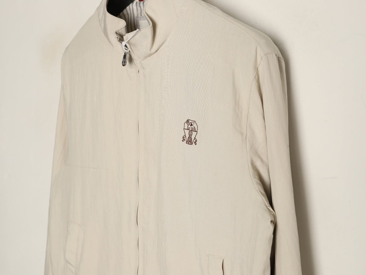 Brunello Cucinelli BC Travelwear Embroidered-Badge Stand-Collar Jacket - Beige